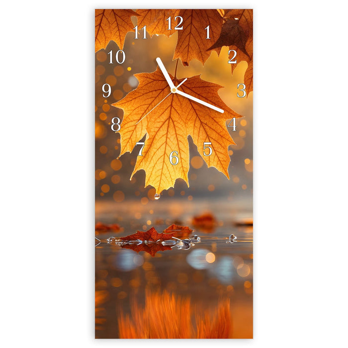 Wanduhr Goldene Herbstblätter aus Glas – Hochformat 30 × 60 cm mit Ziffernblatt Klassisch