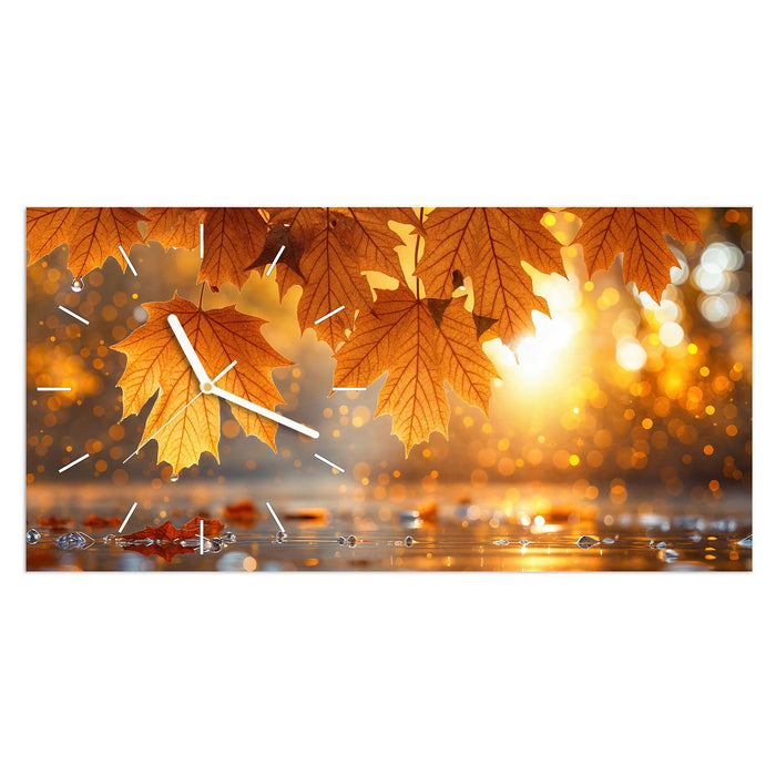 Wanduhr Goldene Herbstblätter aus Glas – Querformat 60 × 30 cm mit Ziffernblatt Linie