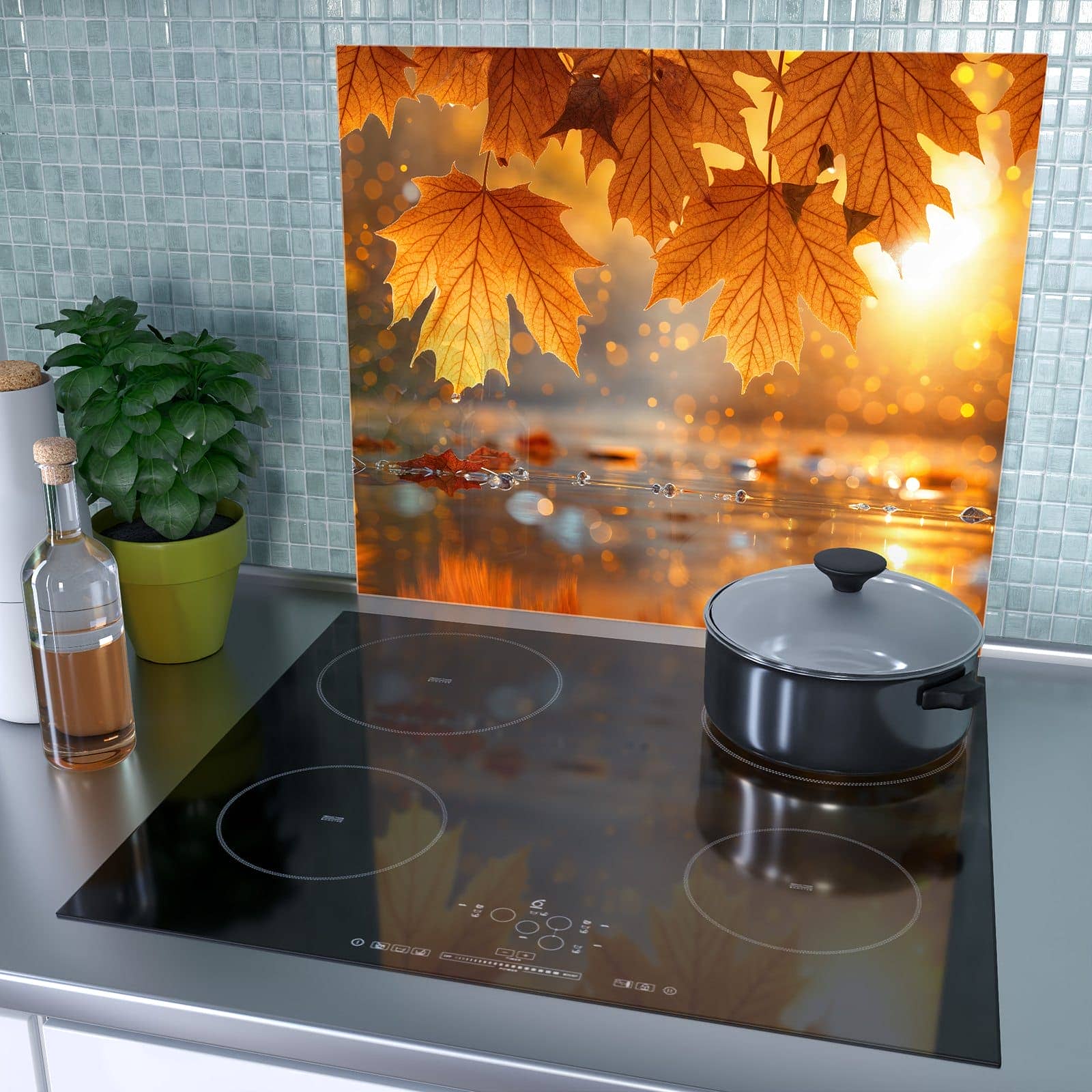 1-teilige Herdabdeckplatte mit Goldene Herbstblätter-Motiv als Spritzschutz hinter dem Kochfeld