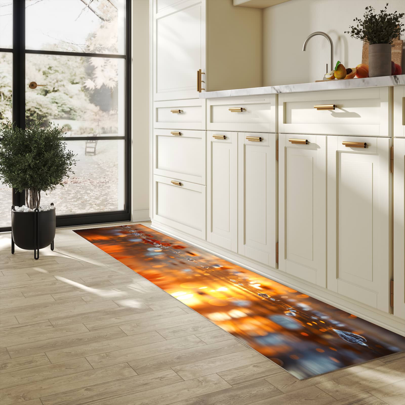 Schmutzabweisender rutschfester Küchenläufer mit Motiv Blätter von Herbstliche in heller Küche