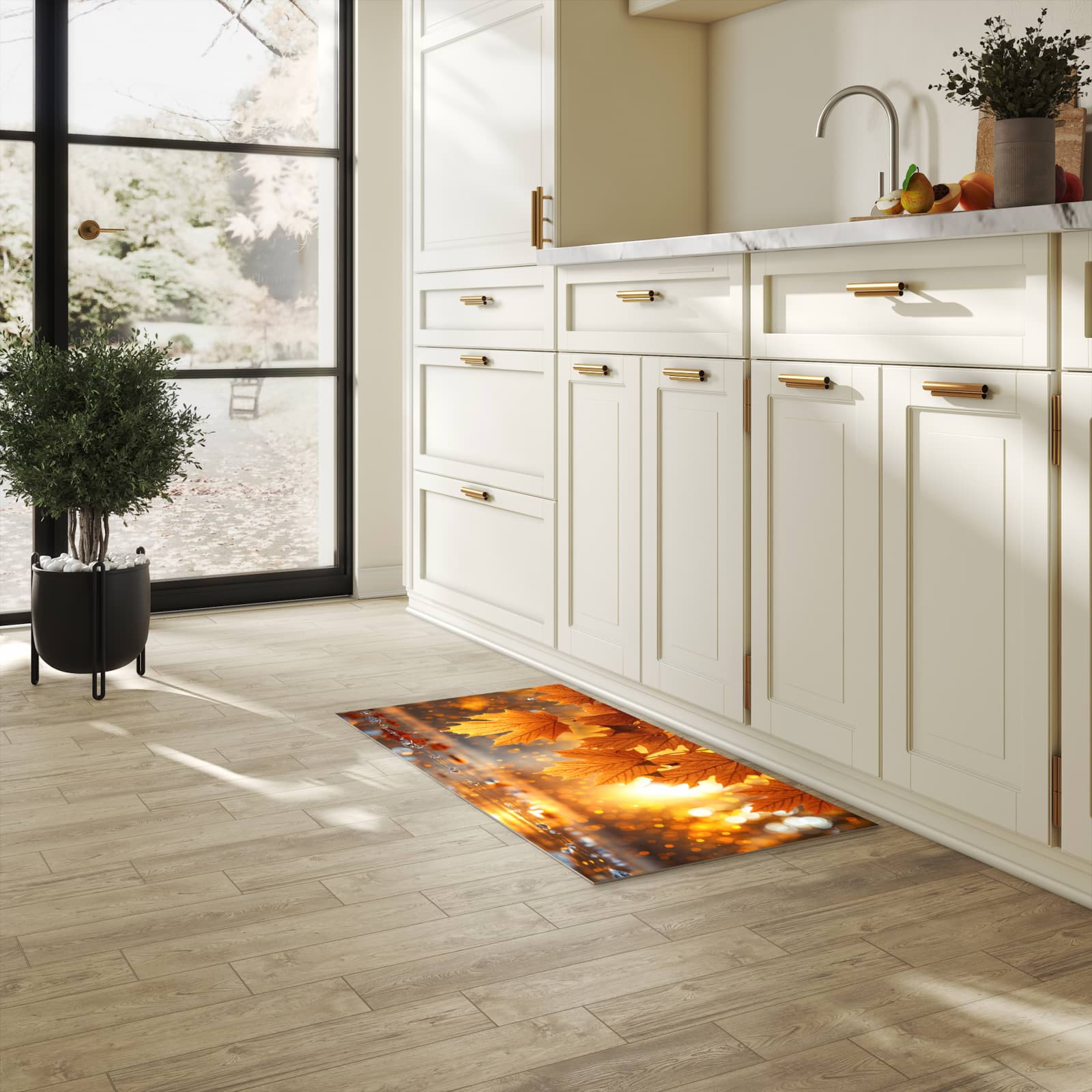 Abriebfester Küchenteppich mit Motiv Blätter von Herbstliche in heller Küche