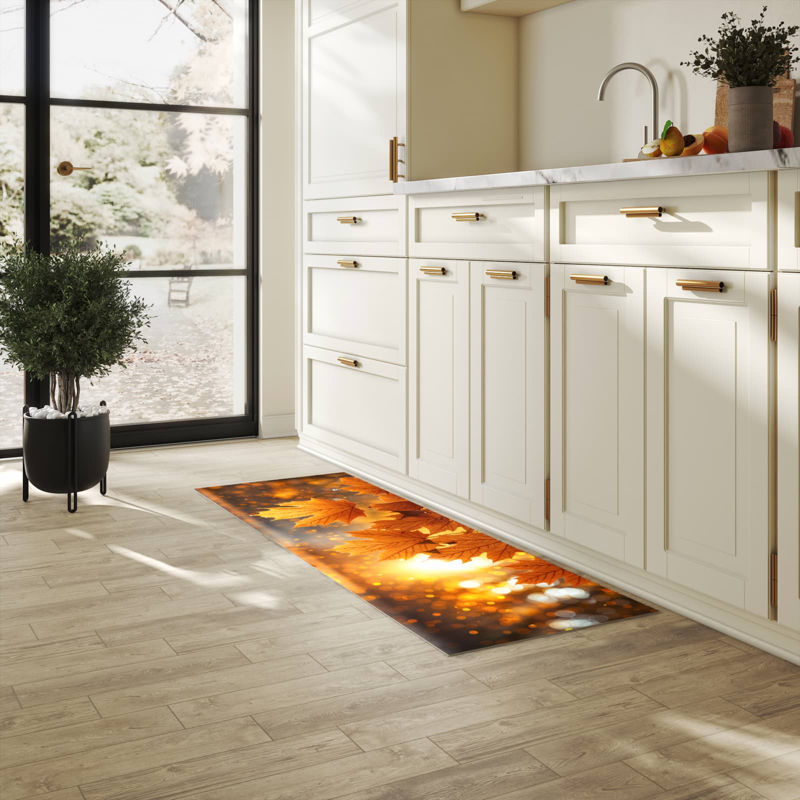 Komfortabler Küchenläufer mit Motiv Blätter von Herbstliche in heller Küche