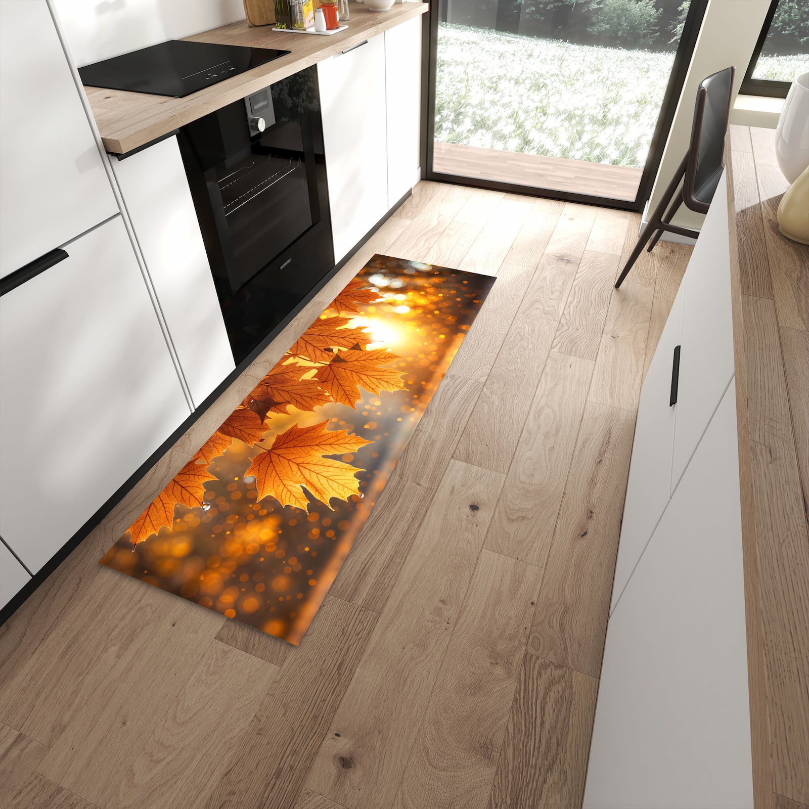 Formstabiler Küchenläufer nach Maß mit Motiv Blätter von Herbstliche in moderner Küche