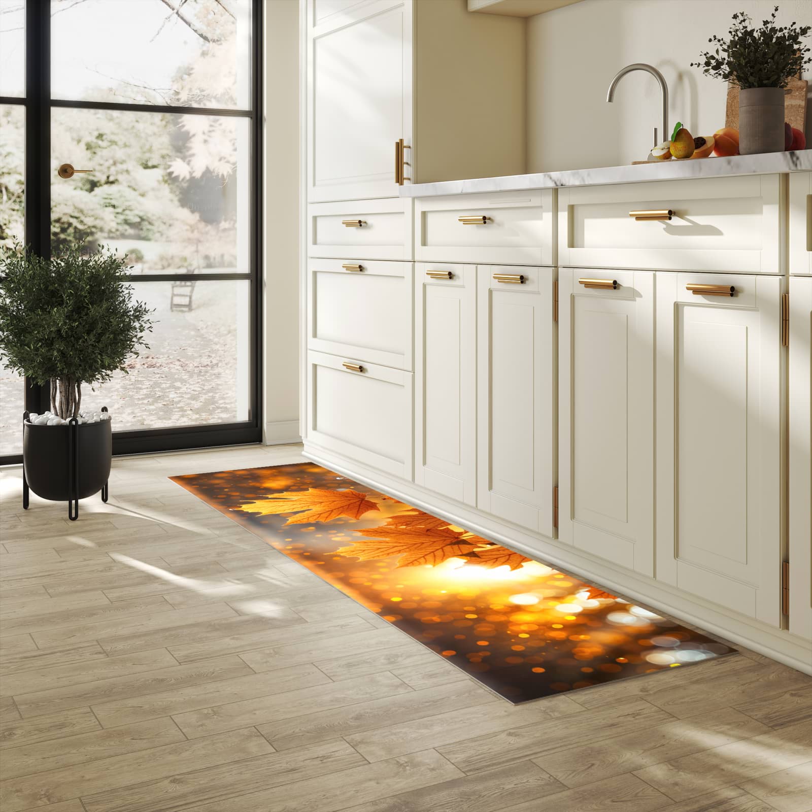 Wasserabweisender Küchenläufer mit Motiv Blätter von Herbstliche in heller Küche