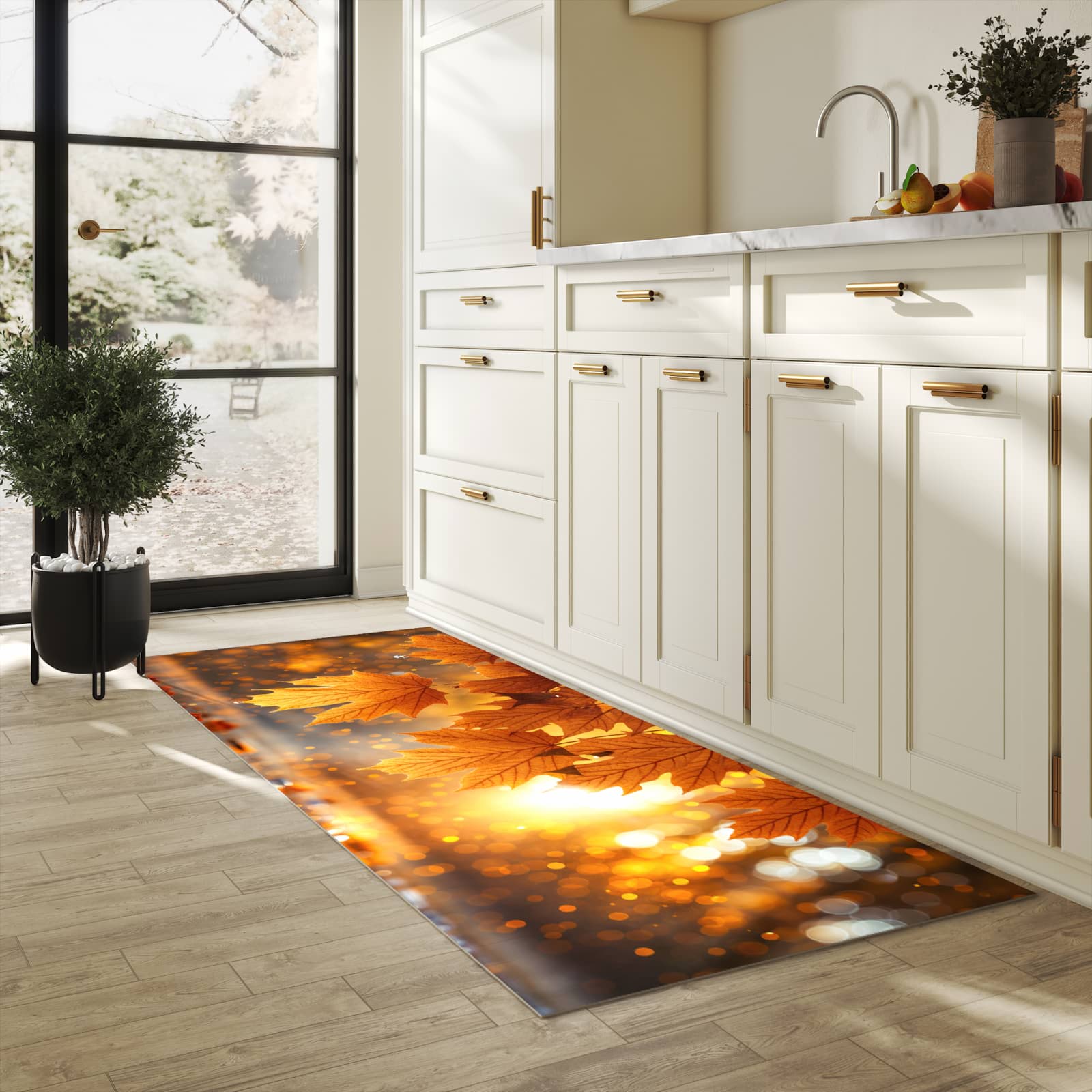 Pflegeleichter moderner Küchenläufer mit Motiv Blätter von Herbstliche in heller Küche