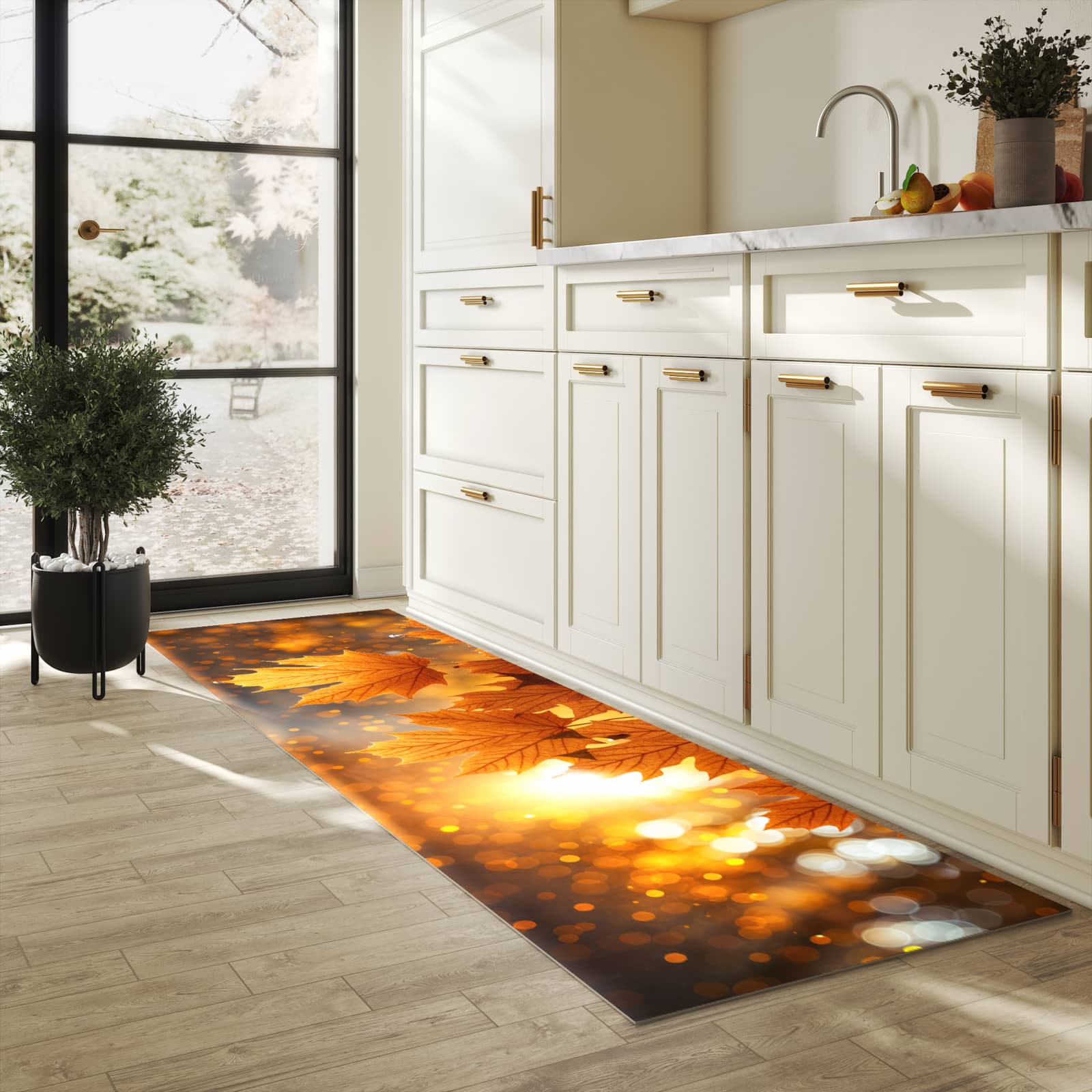 Pflegeleichter moderner Küchenläufer mit Motiv Blätter von Herbstliche in heller Küche