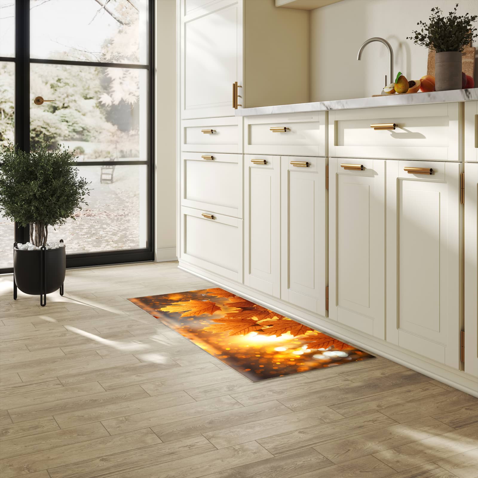 UV-beständiger Küchenläufer mit Motiv Blätter von Herbstliche in heller Küche