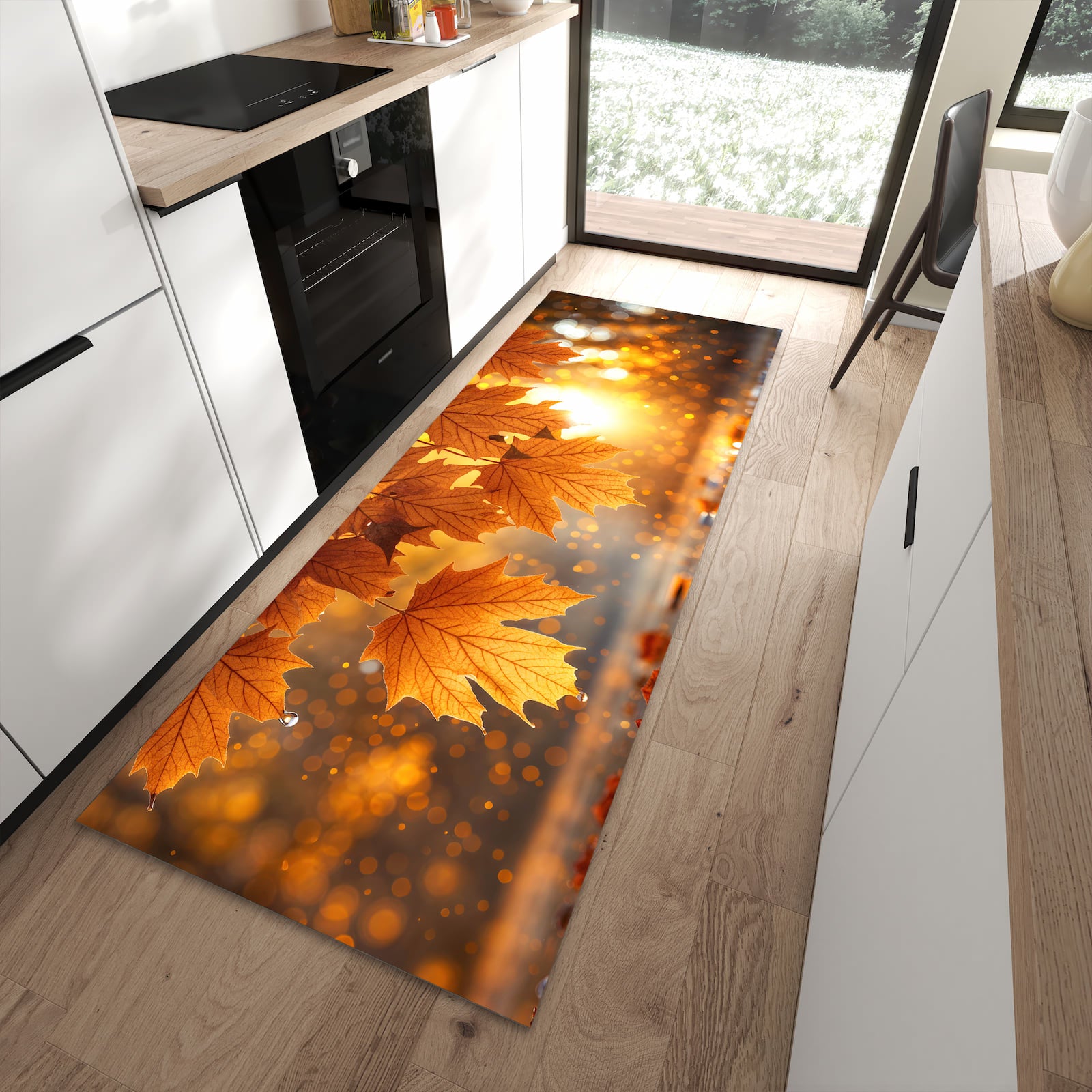 Geruchsneutraler Küchenteppich mit Motiv Blätter von Herbstliche in moderner Küche