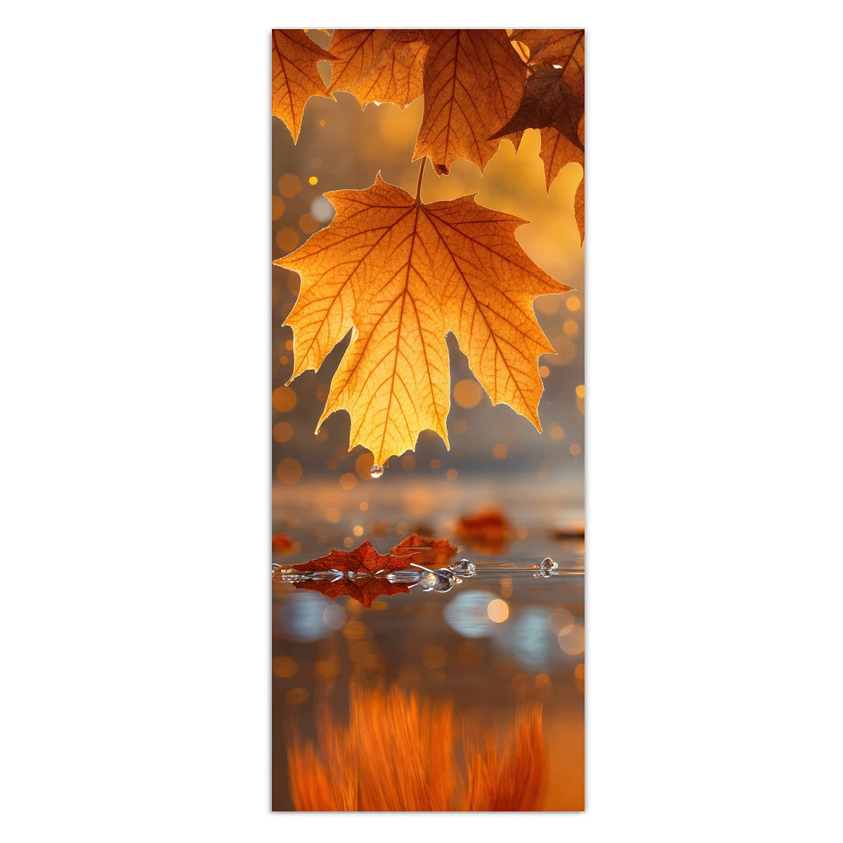 Wandbild - Ahornlaub über Wasser - Hochformat – Ahornblätter über spiegelndem Wasser