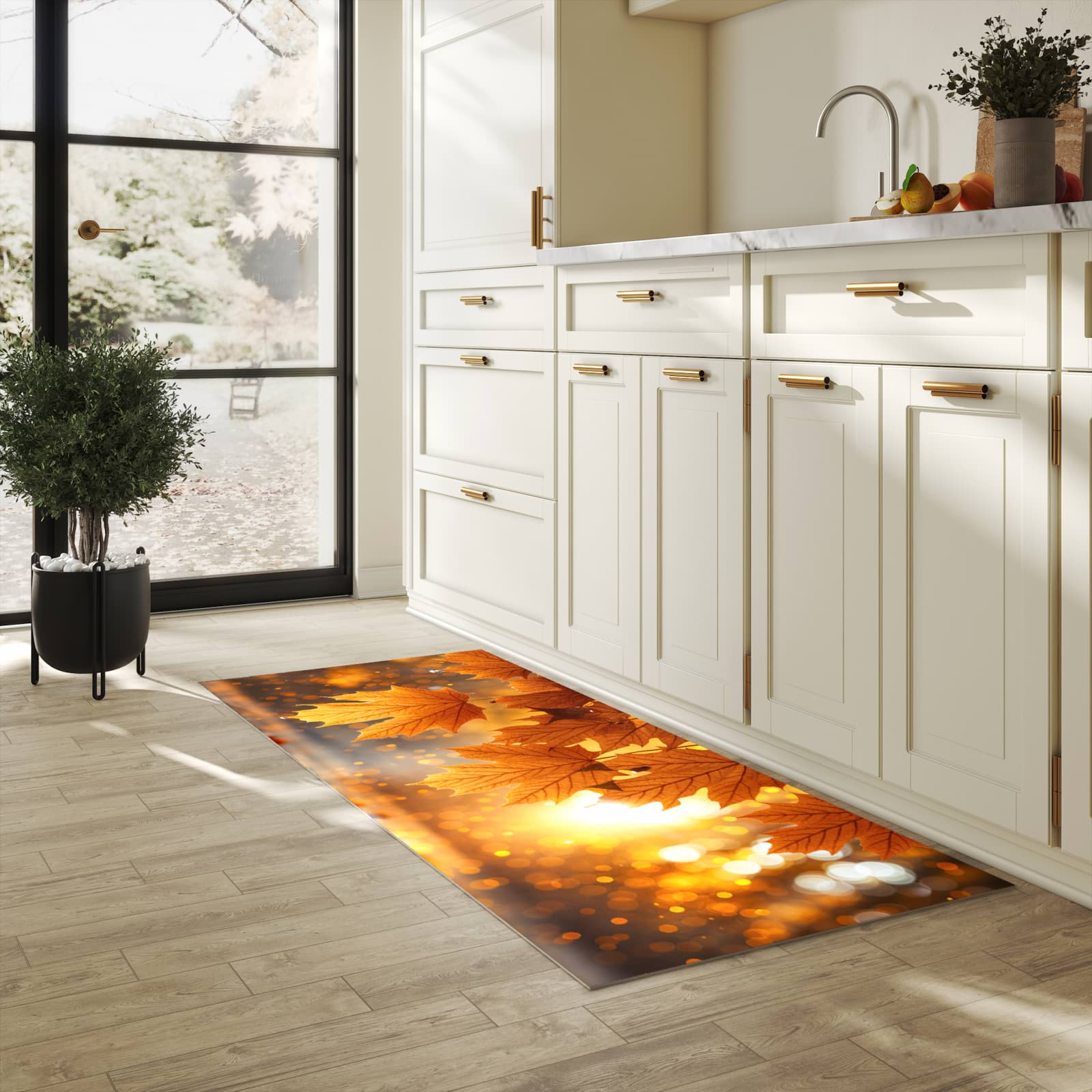 Langlebiger waschbarer Küchenläufer mit Motiv Blätter von Herbstliche in heller Küche