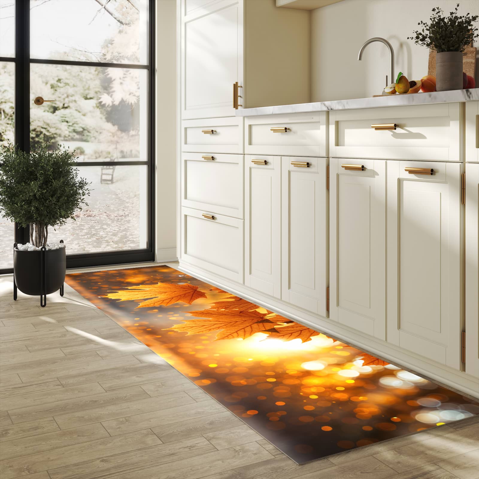 Komfortabler Küchenläufer nach Maß mit Motiv Blätter von Herbstliche in heller Küche