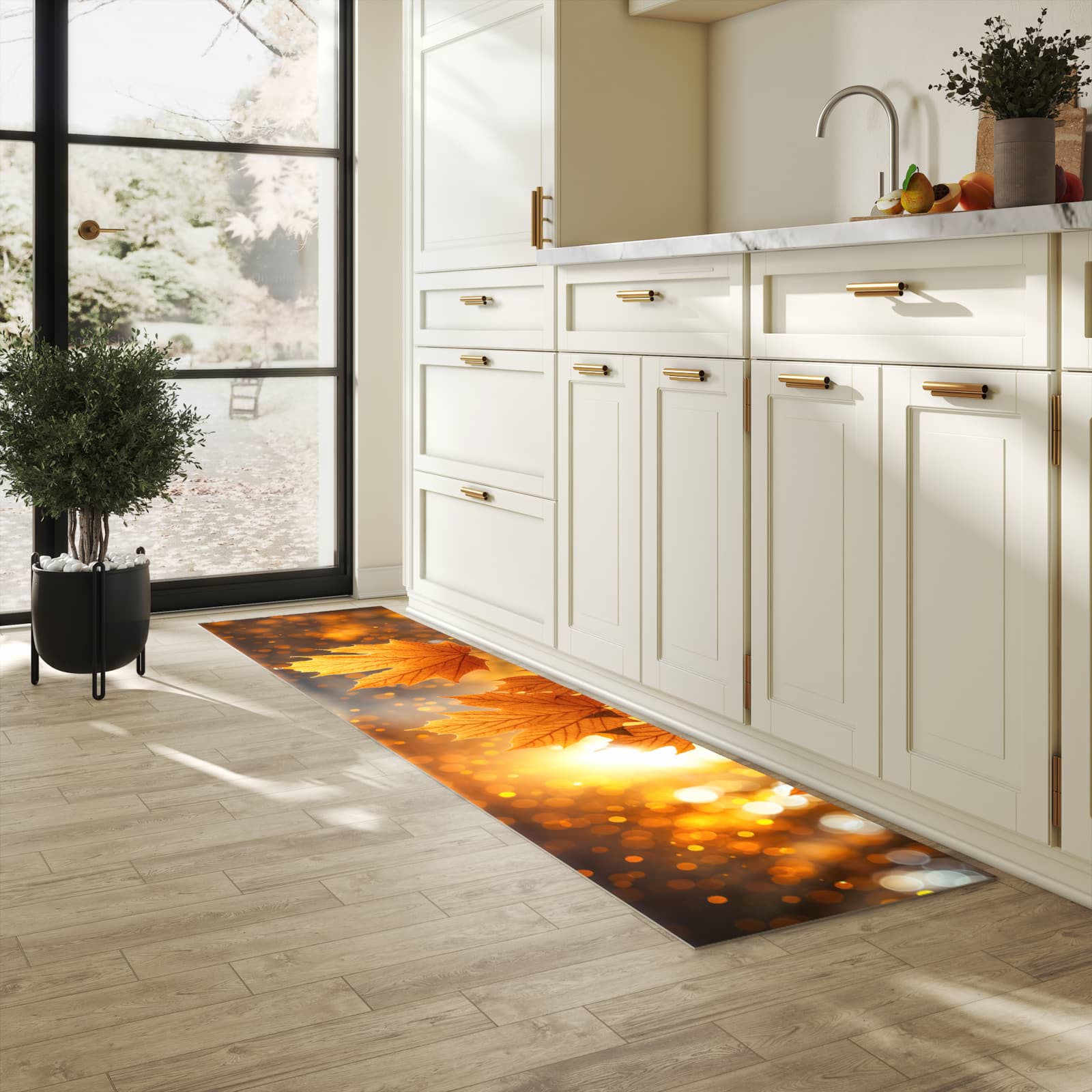 Fleckenresistenter Küchenläufer mit Motiv Blätter von Herbstliche in heller Küche
