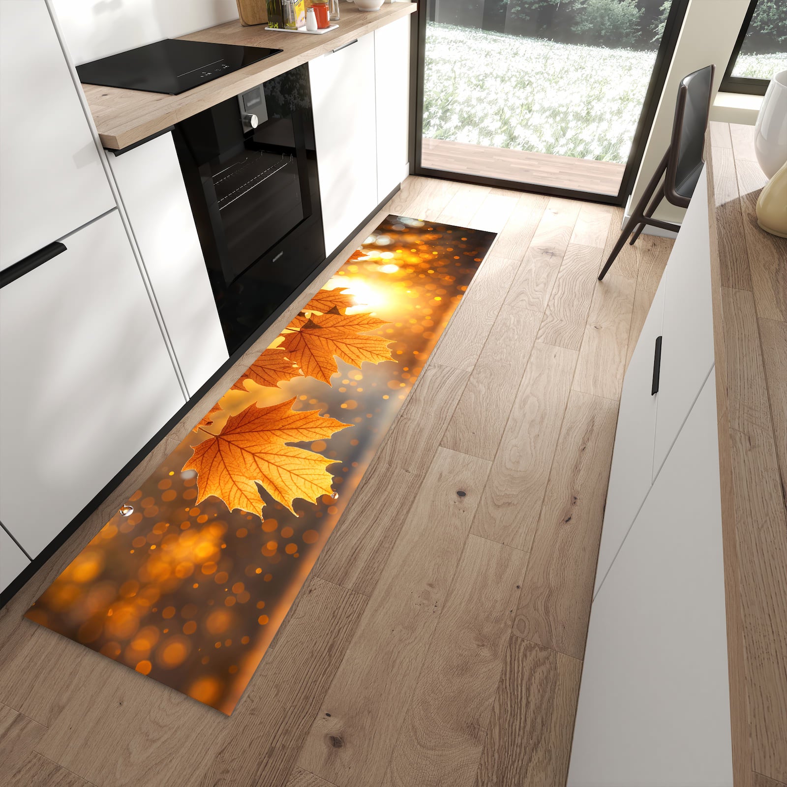 Waschbarer Küchenläufer mit Motiv Blätter von Herbstliche in moderner Küche für sichere Aufbewahrung