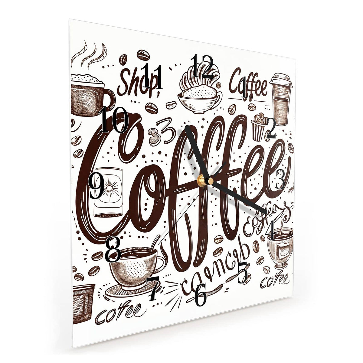 Quadratische Wanduhr aus Glas Handgezeichneter Kaffee schräg von der Seite, 4 mm starkes Glas