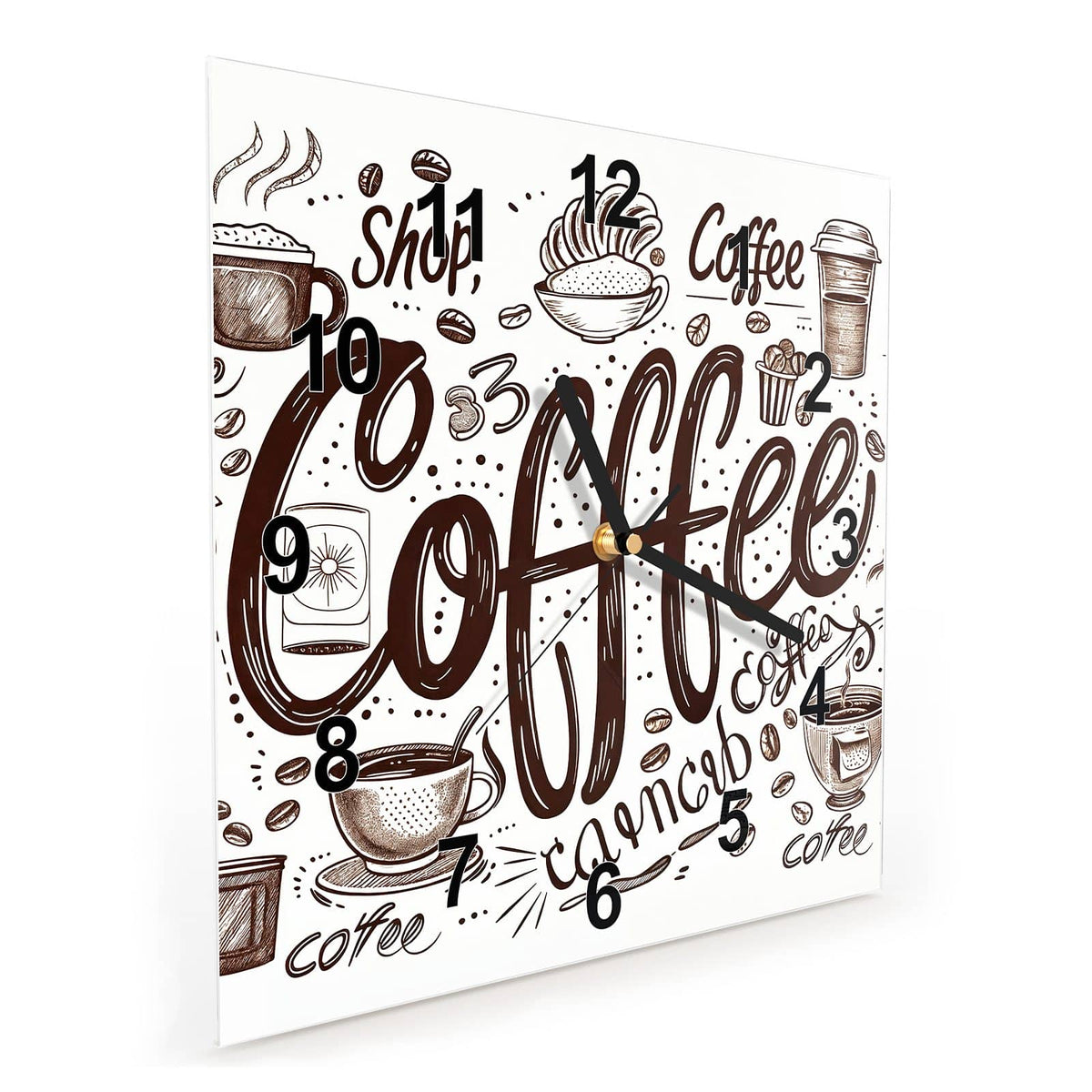 Quadratische Wanduhr aus Glas Handgezeichneter Kaffee schräg von der Seite, 4 mm starkes Glas