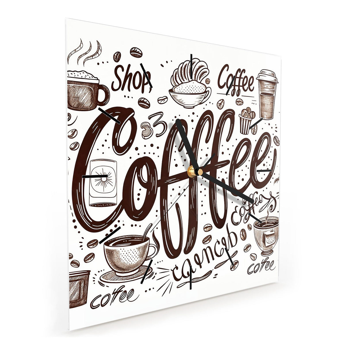 Quadratische Wanduhr aus Glas Handgezeichneter Kaffee schräg von der Seite, 4 mm starkes Glas