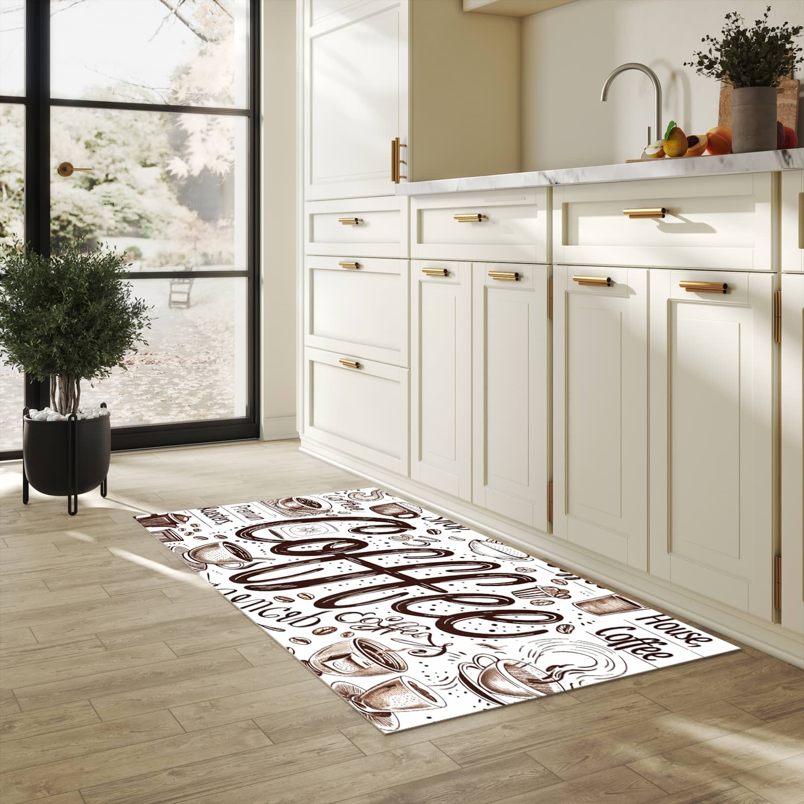 Zeitsparender großer Küchenteppich mit Motiv Kaffee Illustration in heller Küche