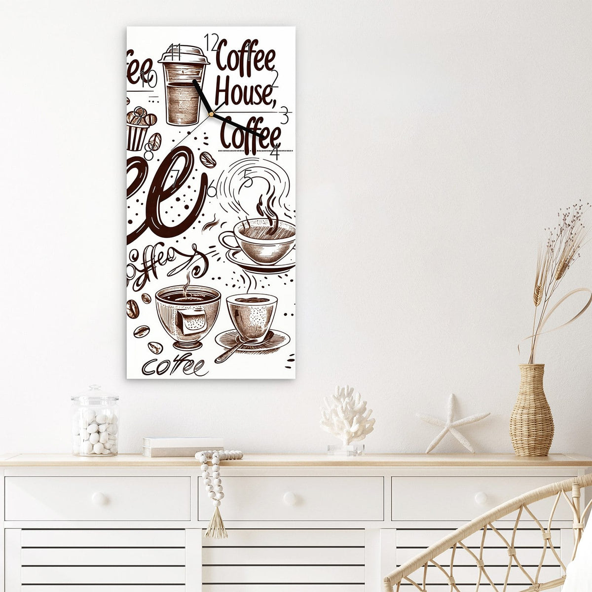 Wanduhr Kaffee Illustration aus Glas – Handgezeichnete Kaffeetassen und Bohnen