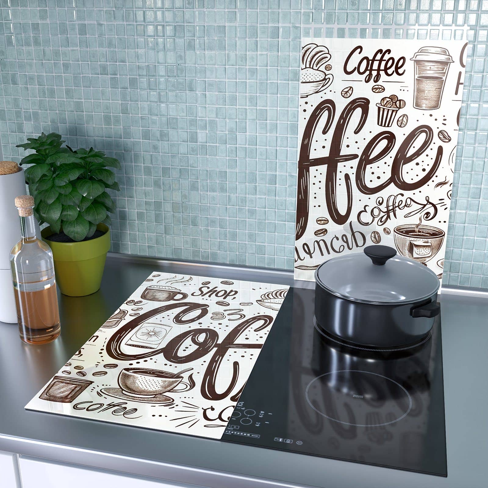 2-teilige Herdabdeckplatten mit Kaffee Illustration-Motiv als Spritzschutz hinter dem Kochfeld
