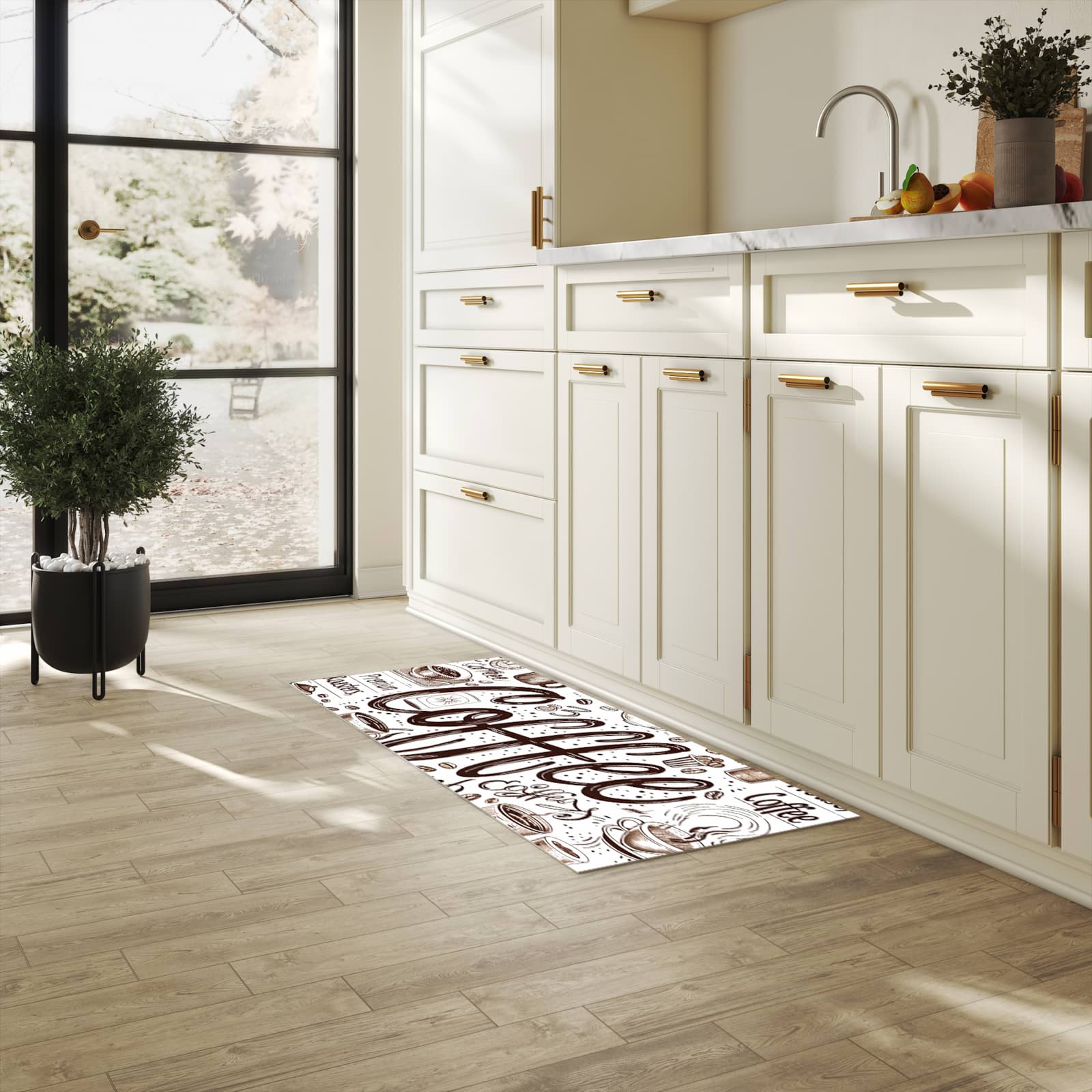 Waschbarer rutschfester Küchenteppich mit Motiv Kaffee Illustration in heller Küche