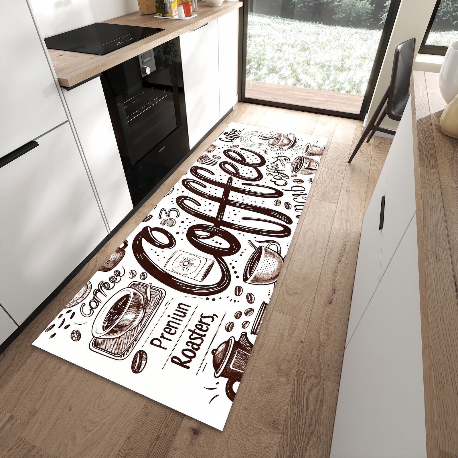 Waschbarer Küchenläufer mit Motiv Kaffee Illustration für Ordnung in moderner Küche