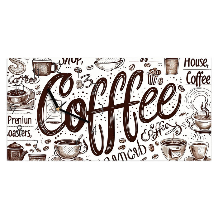 Wanduhr Kaffee Illustration aus Glas – Querformat 60 × 30 cm mit Ziffernblatt Elegant