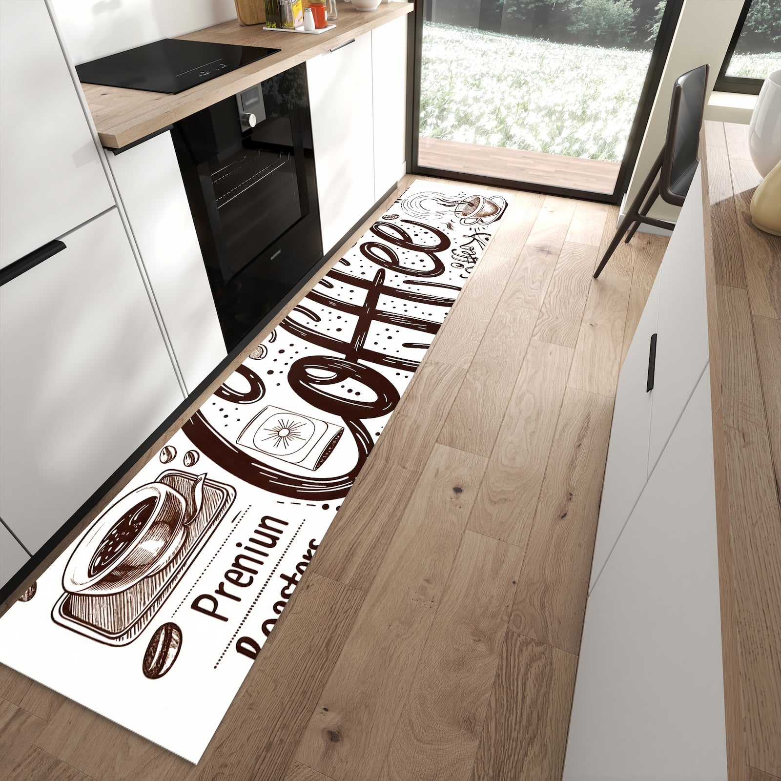 Hygienischer Küchenteppich mit Motiv Kaffee Illustration in moderner Küche - waschbar