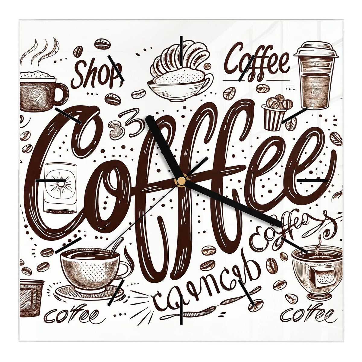 Wanduhr aus Glas, Ziffernblatt Linie mit Motiv Handgezeichneter Kaffee: Tuschezeichnungen von Tassen, Bechern und Bohnen mit großem Coffee-Schriftzug auf Weiß