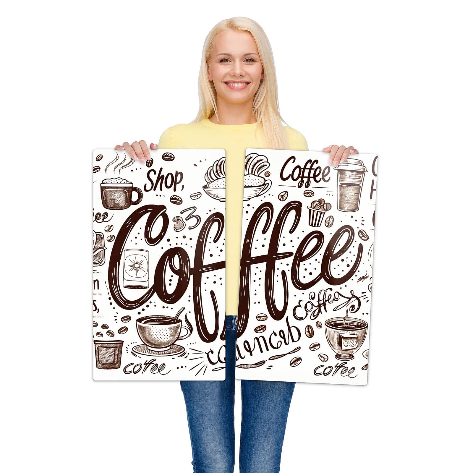 2-teilige Glasplatte für Herd mit Kaffee Illustration-Motiv wird zur Größendarstellung gehalten