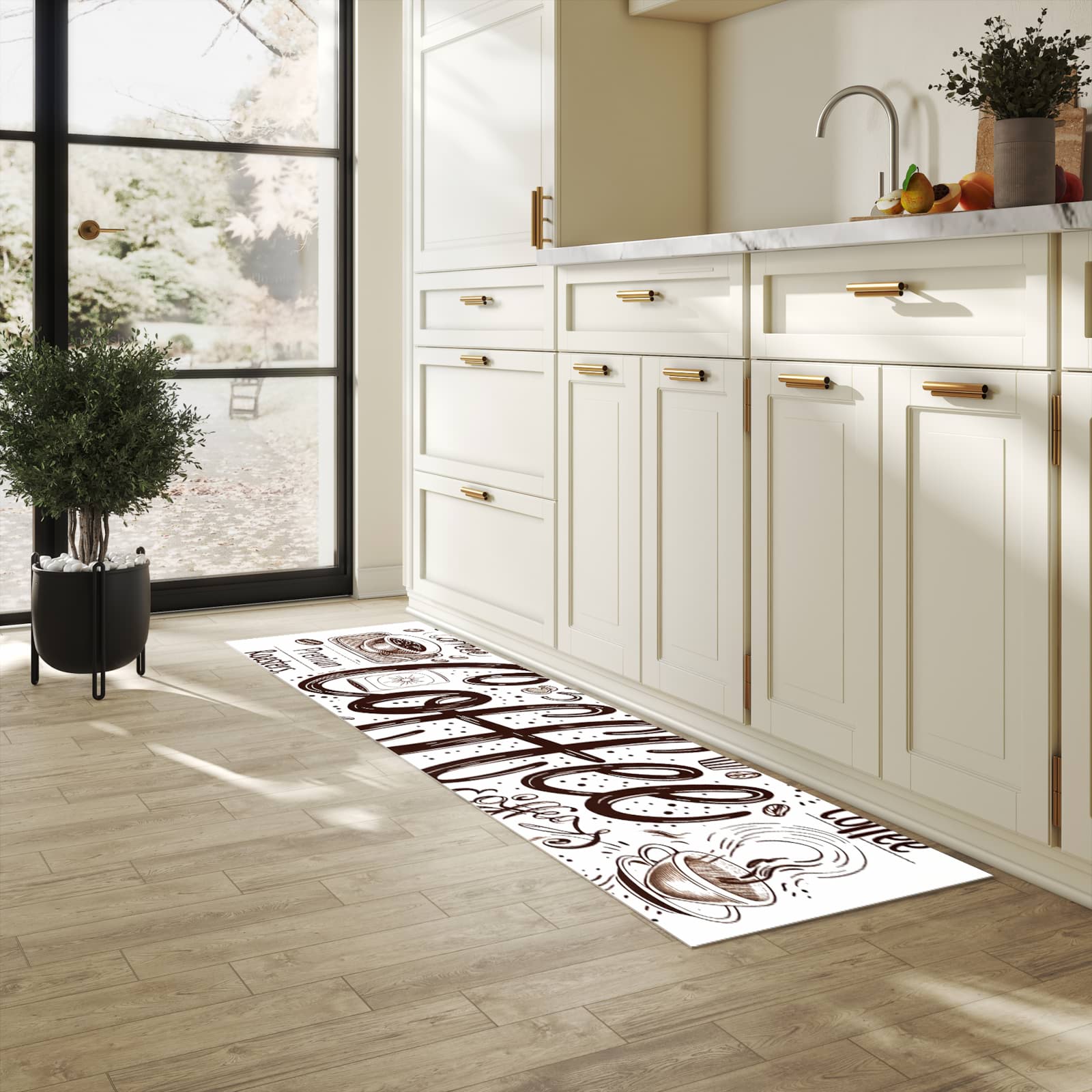 Rutschfester Bodenläufer-Teppich mit Motiv Kaffee Illustration in heller Küche