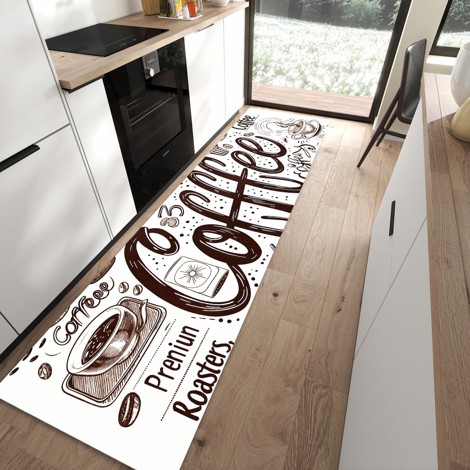 Feuchtigkeitsresistenter rutschfester Küchenläufer mit Motiv Kaffee Illustration in moderner Küche