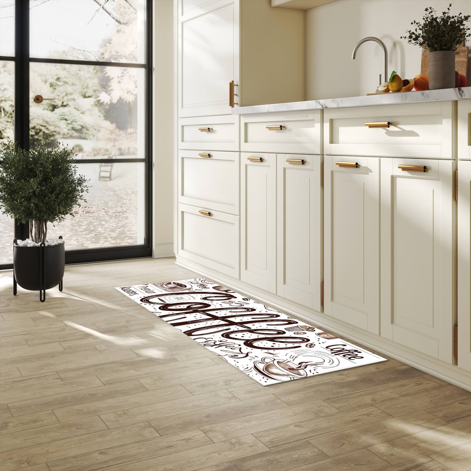 Langlebiger Bodenläufer mit Motiv Kaffee Illustration in heller Küche