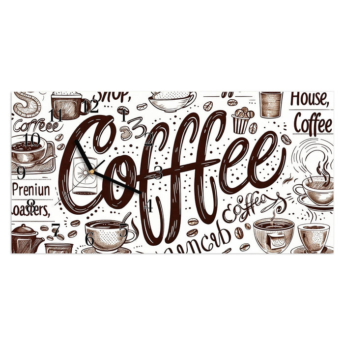 Wanduhr Kaffee Illustration aus Glas – Querformat 60 × 30 cm mit Ziffernblatt Klassisch