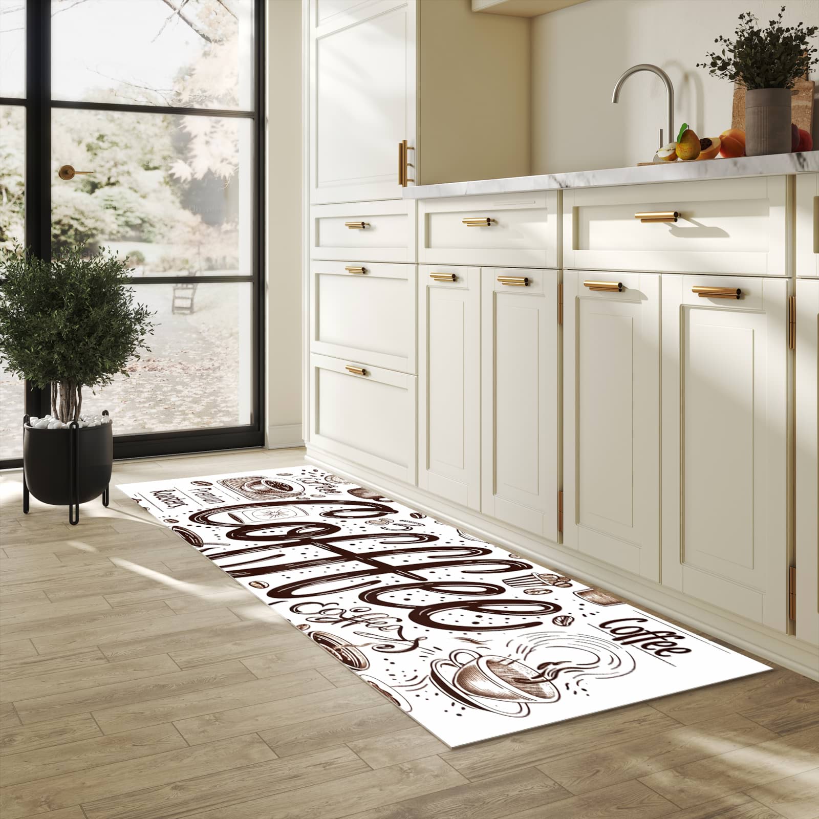 Farbbeständiger Küchenteppich mit Motiv Kaffee Illustration in heller Küche