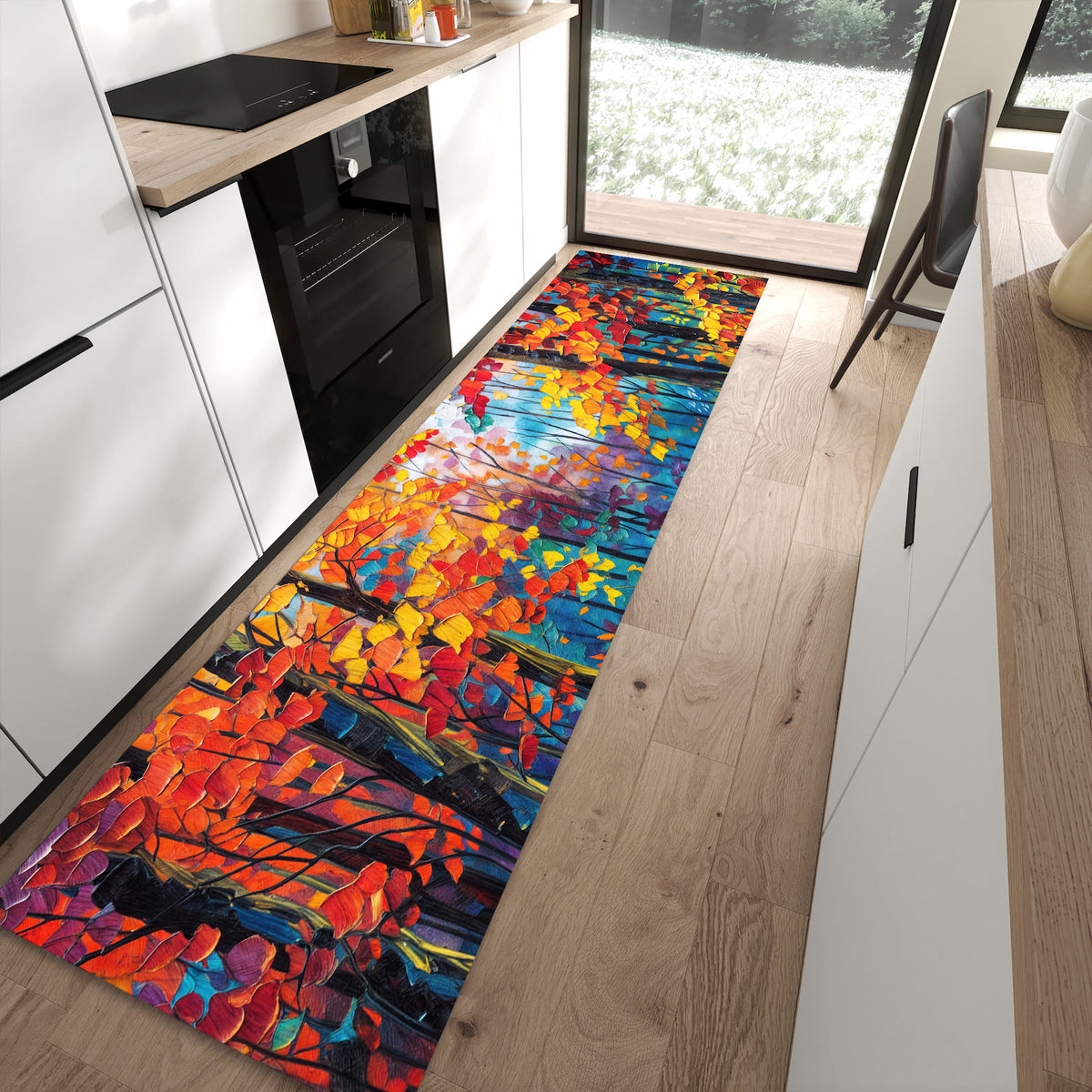 Geruchsneutraler waschbarer Küchenteppich mit Motiv Herbstwald Pfad in moderner Küche