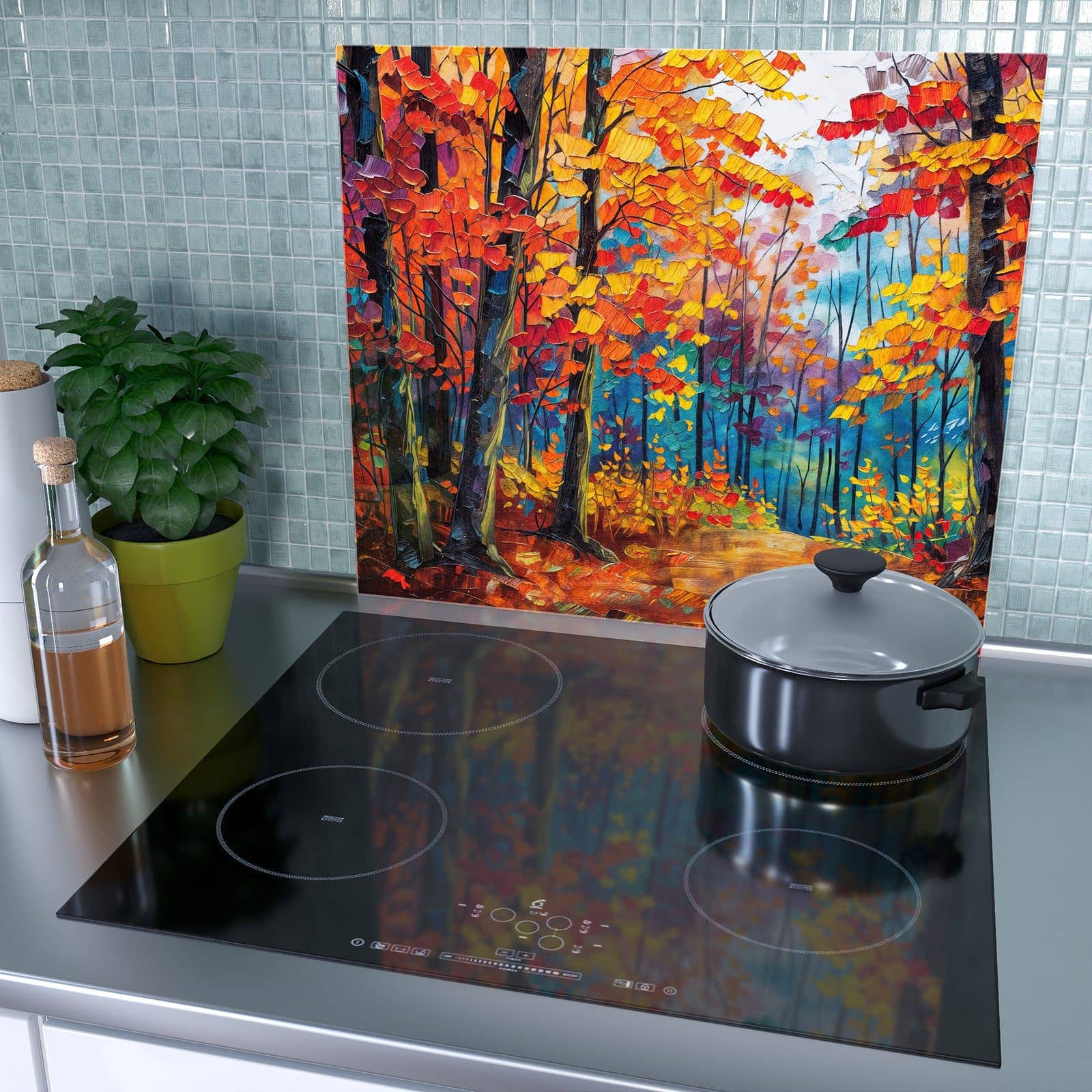 1-teilige Herdabdeckung aus Glas mit Herbstwald Pfad-Motiv als Spritzschutz hinter dem Kochfeld