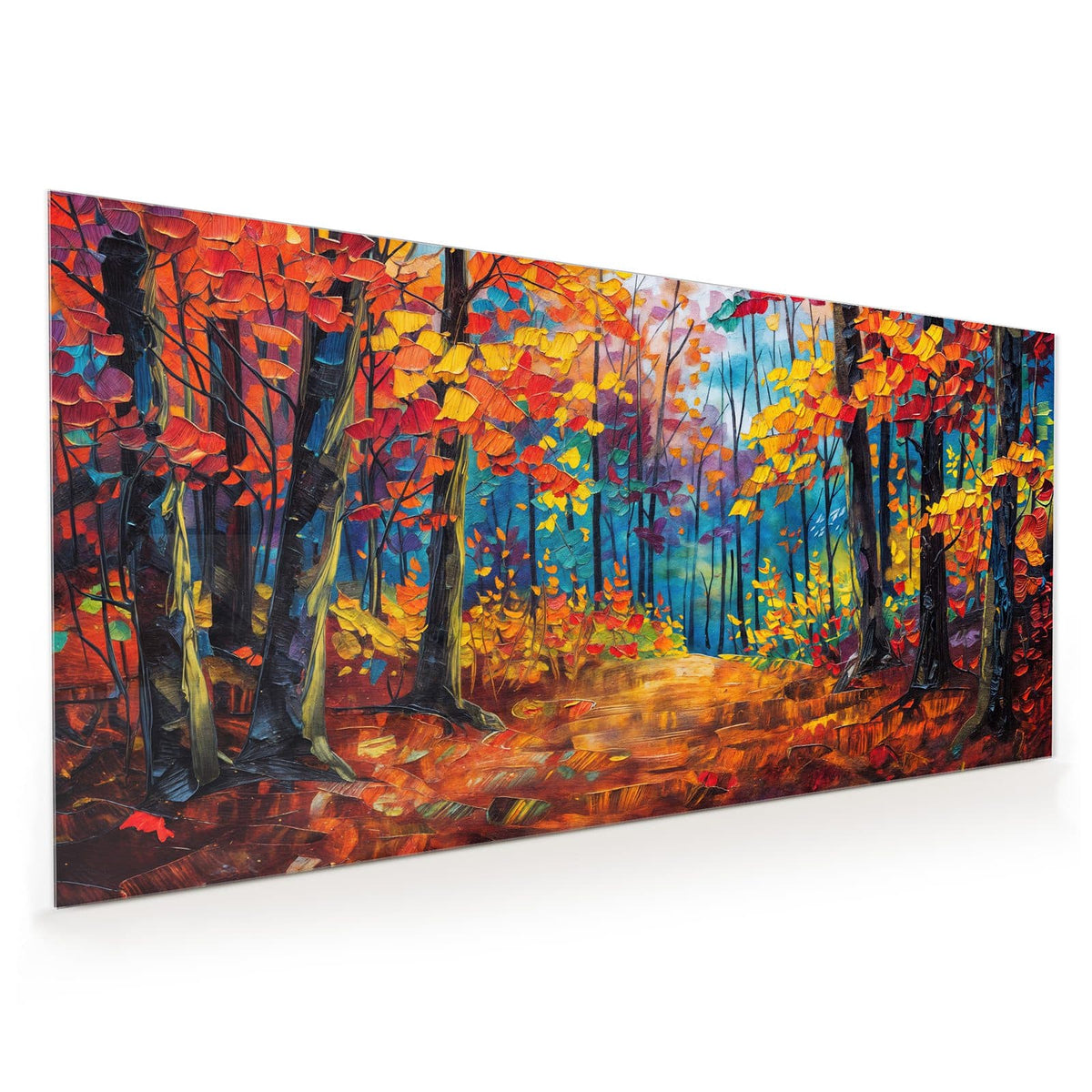 Küchenrückwand aus Glas im Hochformat mit Motiv Gemalter Herbstwald: Impressionistisches Spachtelbild: Weg durch einen Herbstwald in Orange, Rot und Blau