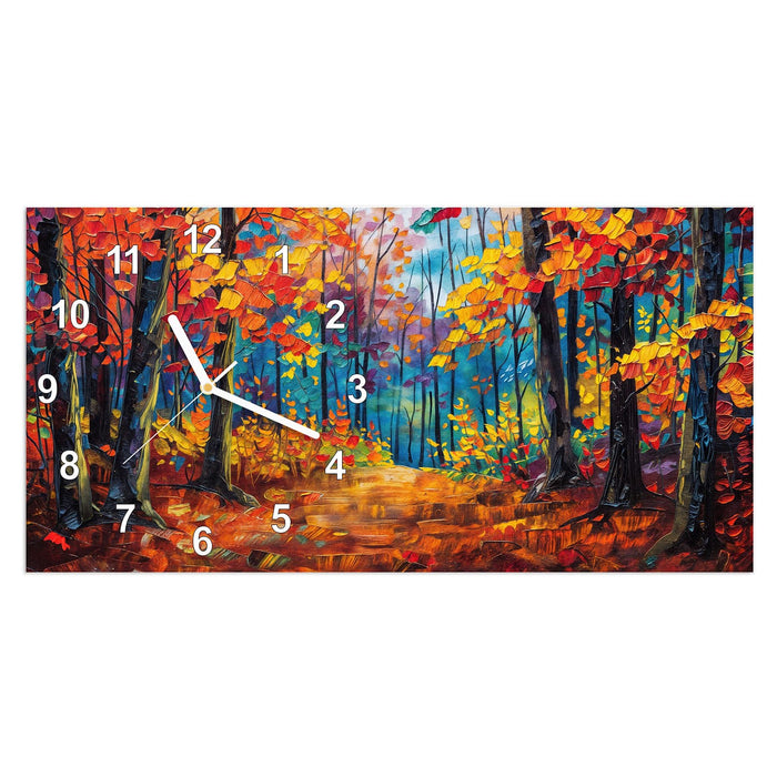 Wanduhr Herbstwald Pfad aus Glas – Querformat 60 × 30 cm mit Ziffernblatt Modern