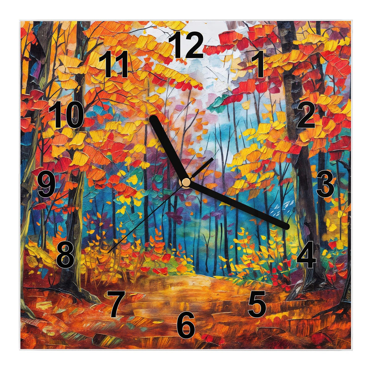 Wanduhr aus Glas, Ziffernblatt Modern mit Motiv Gemalter Herbstwald: Impressionistisches Spachtelbild: Weg durch einen Herbstwald in Orange, Rot und Blau #ziffernblatt_Modern