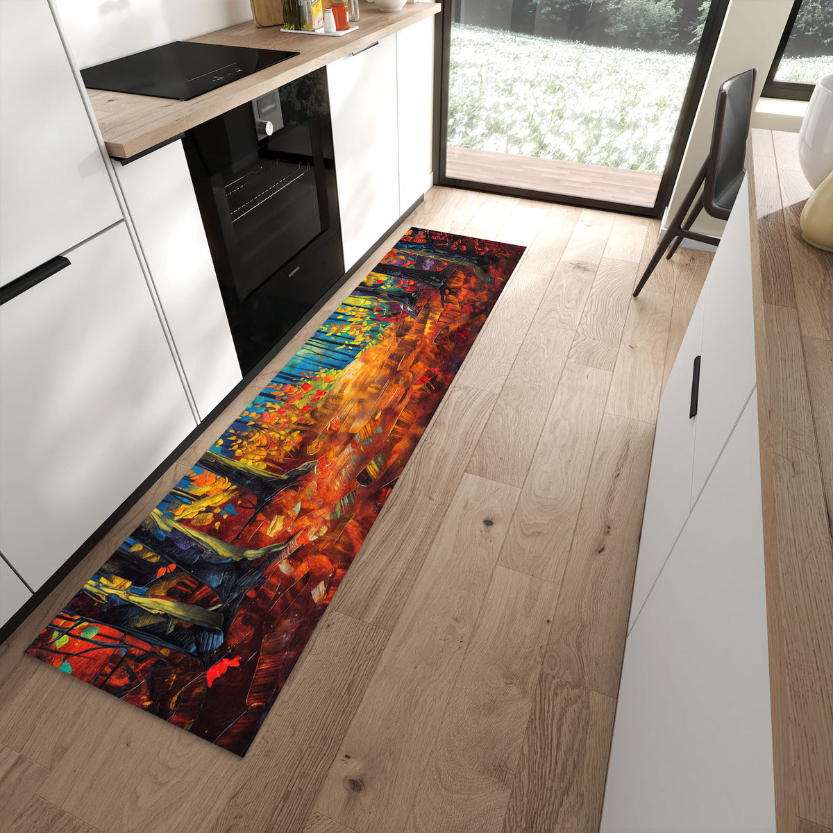 Geräuschdämpfender dünner Küchenteppich mit Motiv Herbstwald Pfad in moderner Küche