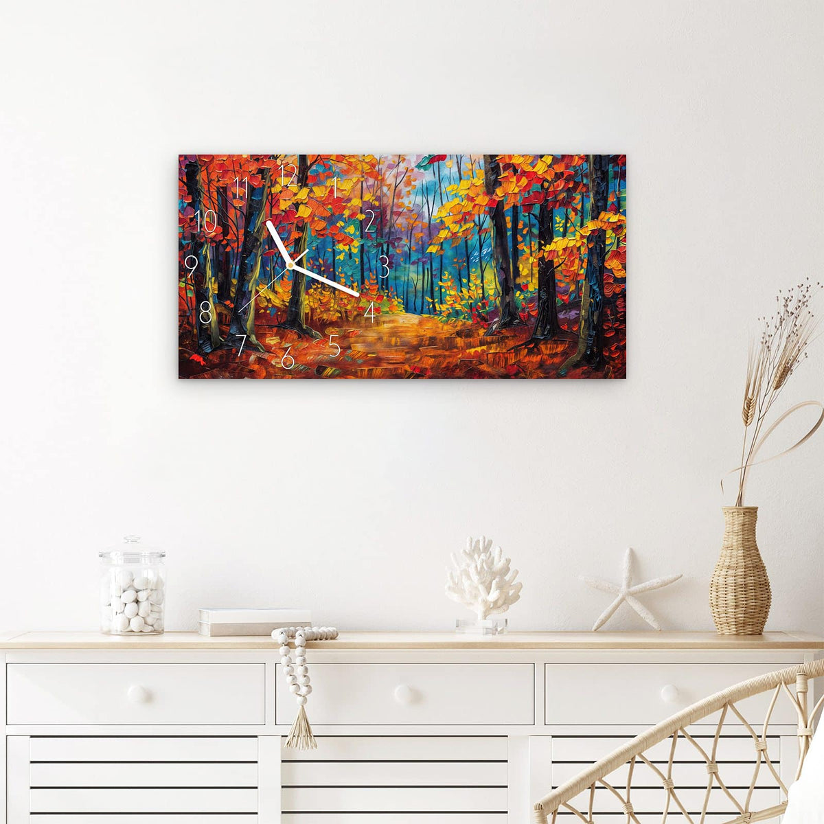 Wanduhr Herbstwald Pfad aus Glas – Querformat 60 × 30 cm – Pfad durch leuchtenden Herbstwald