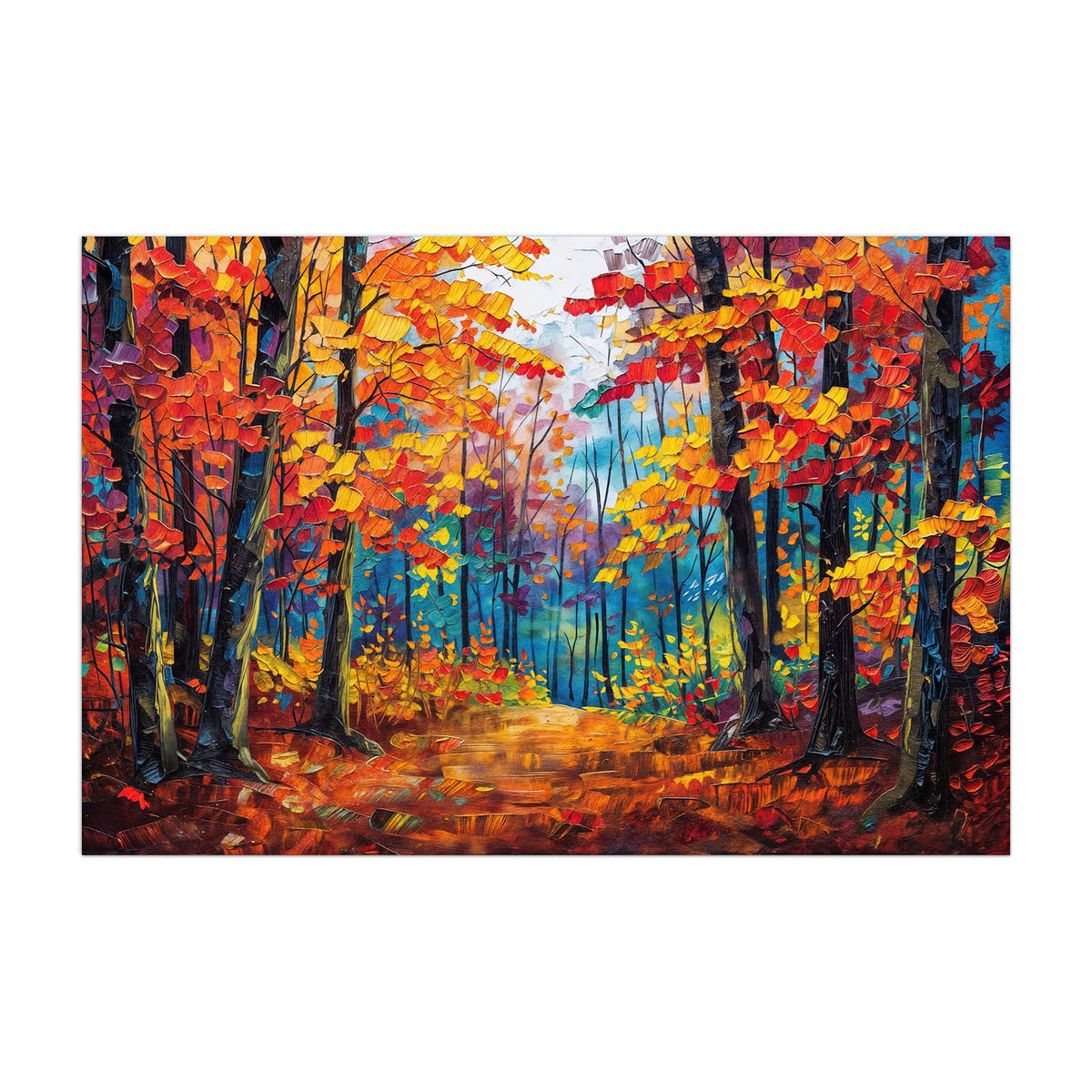 Küchenrückwand aus Glas Gemalter Herbstwald im Hochformat, Motiv bildfüllend von vorn