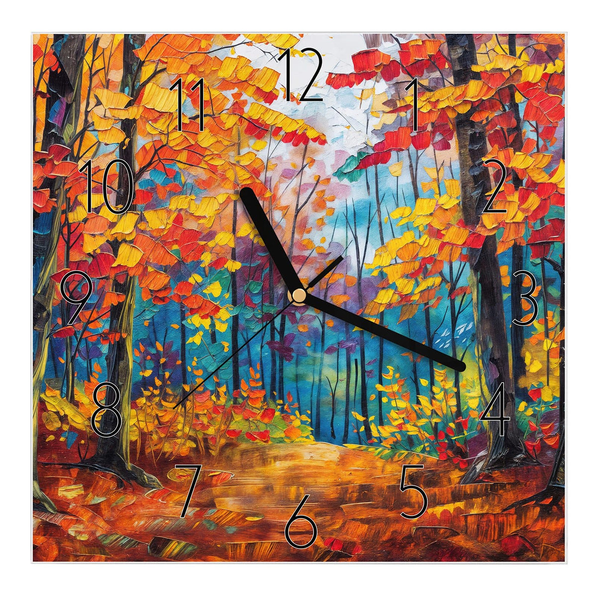 Wanduhr aus Glas, Ziffernblatt Elegant mit Motiv Gemalter Herbstwald: Impressionistisches Spachtelbild: Weg durch einen Herbstwald in Orange, Rot und Blau #ziffernblatt_Elegant