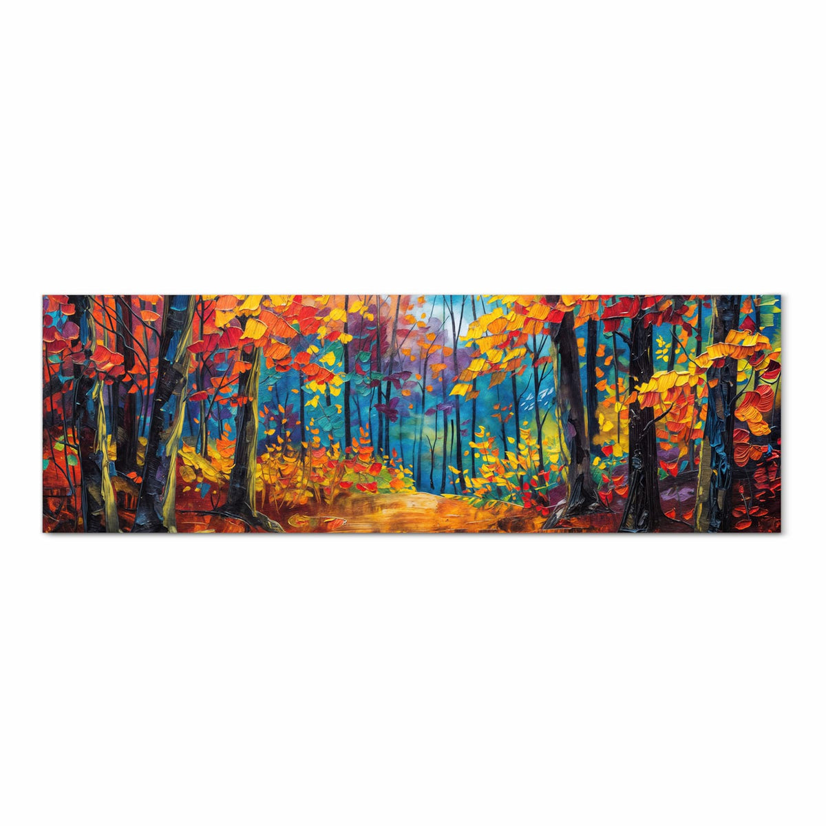 Zeitsparender Küchenteppich mit Motiv Herbstwald Pfad in Frontansicht für die Küche