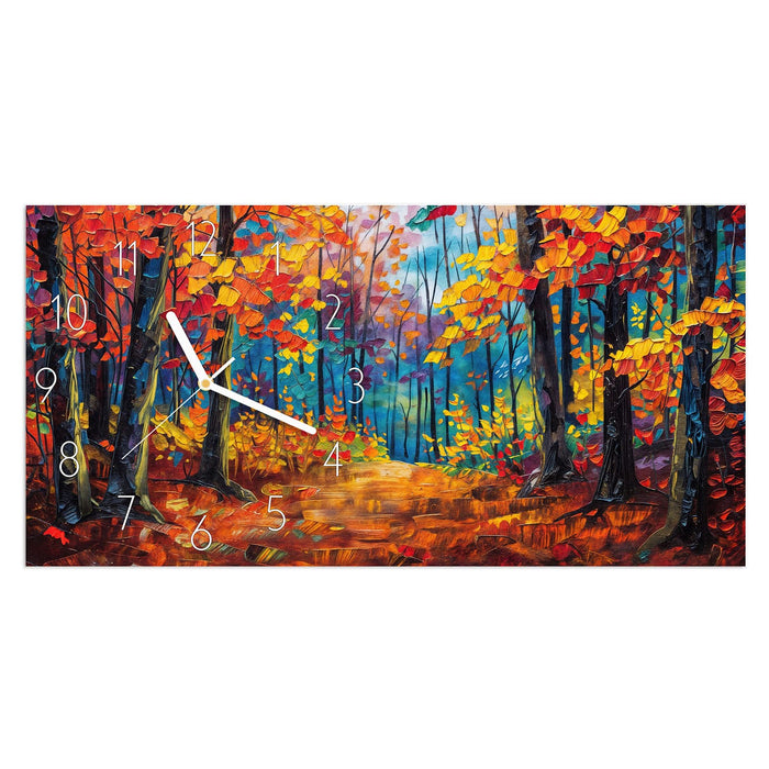 Wanduhr Herbstwald Pfad aus Glas – Querformat 60 × 30 cm mit Ziffernblatt Elegant