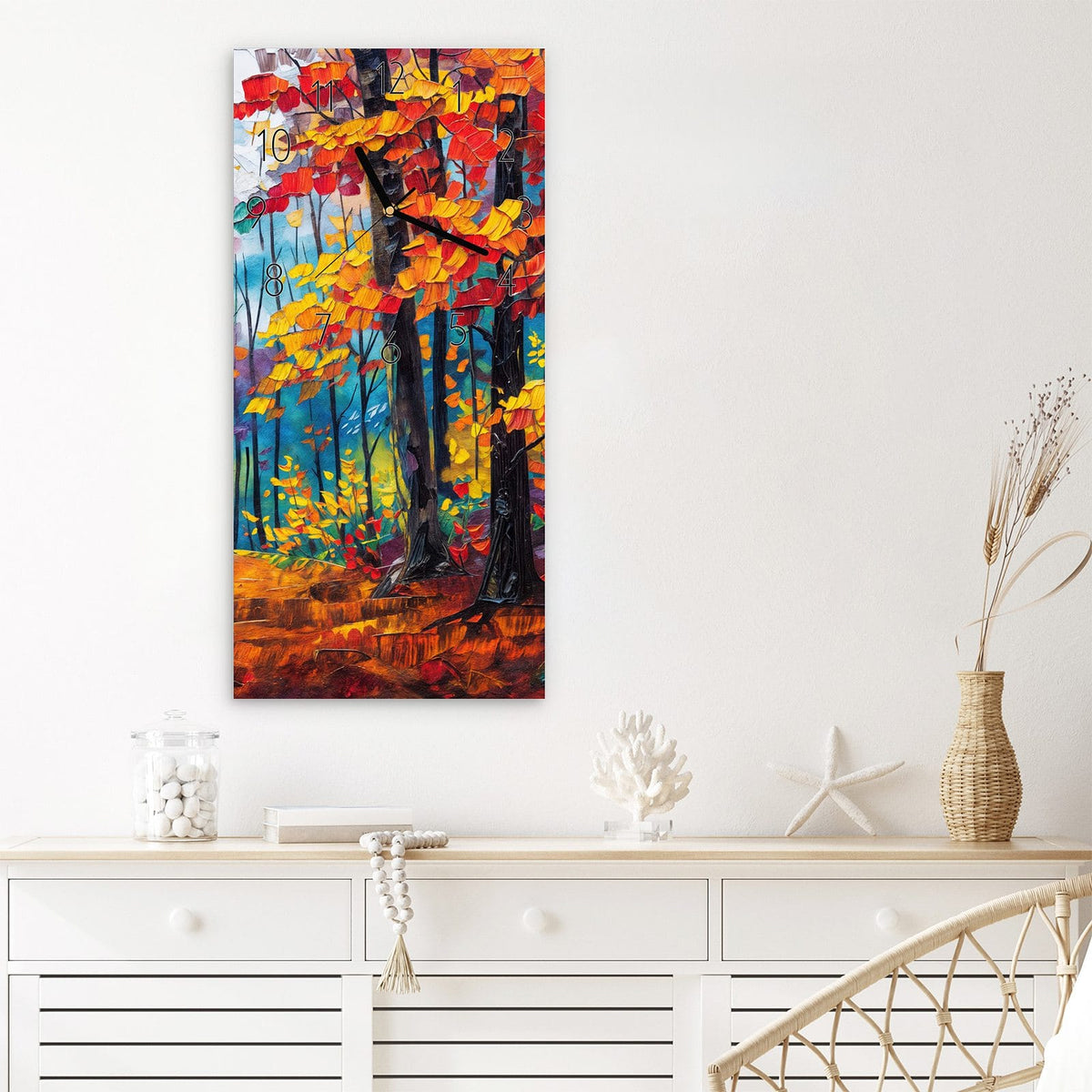 Wanduhr Herbstwald Pfad aus Glas – Hochformat 30 × 60 cm – Pfad durch leuchtenden Herbstwald