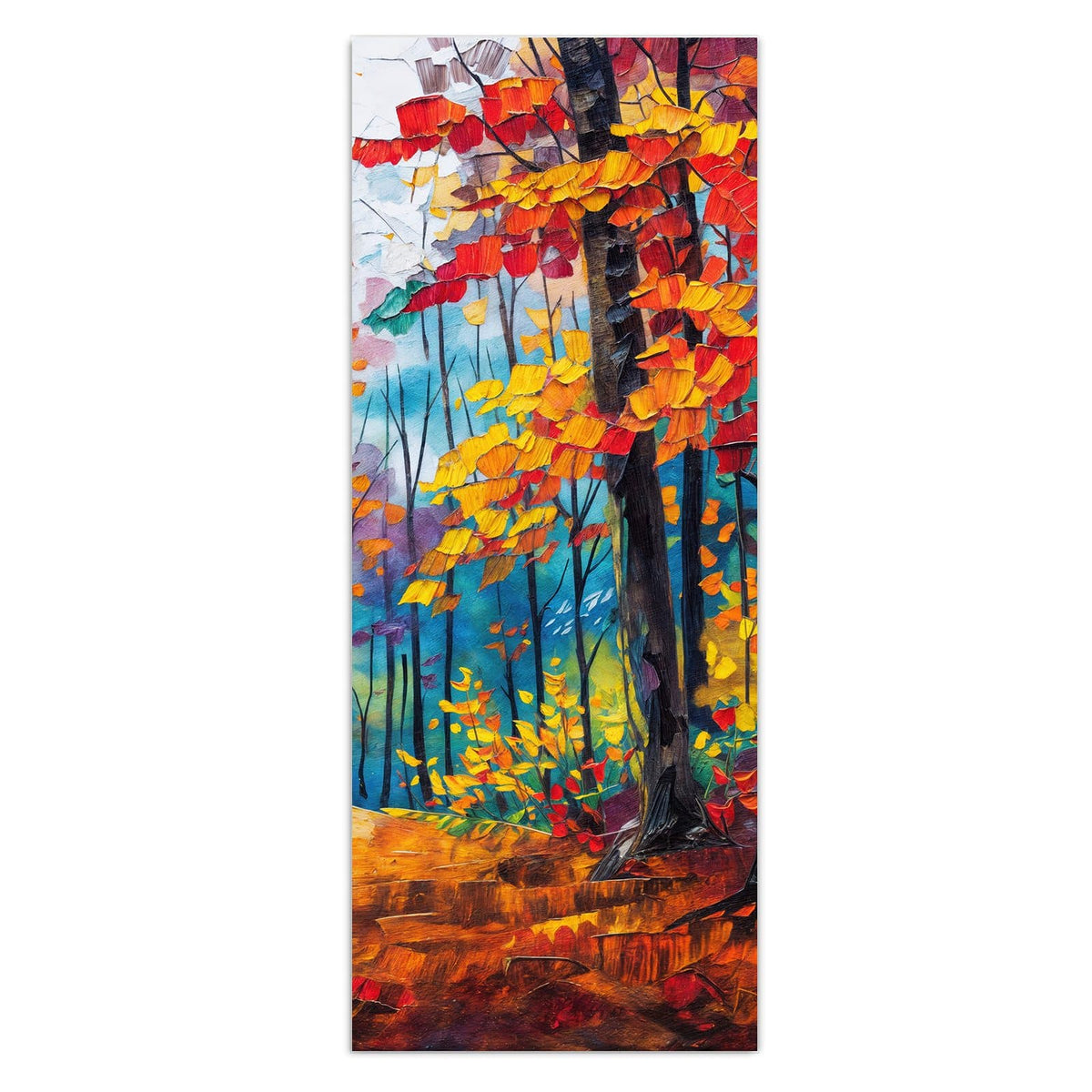 Wandbild - Gemalter Herbstwald - Hochformat – Pfad durch leuchtenden Herbstwald