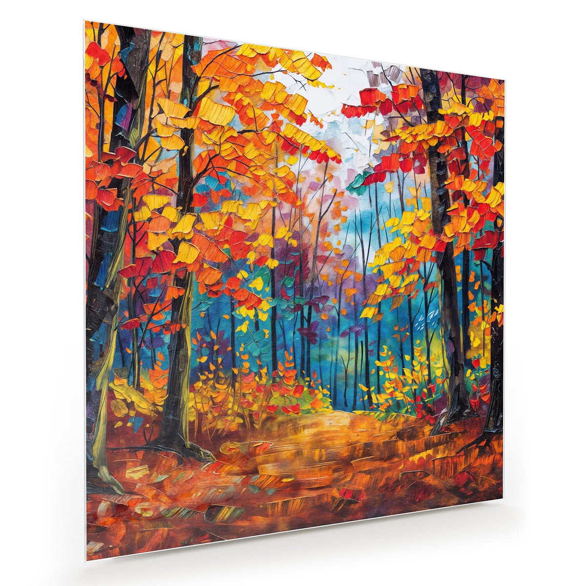 Impressionistisches Spachtelbild: Weg durch einen Herbstwald in Orange, Rot und Blau