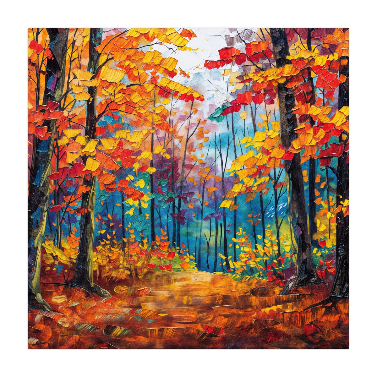 Küchenrückwand aus Glas Gemalter Herbstwald im quadratischen Format, Motiv bildfüllend von vorn
