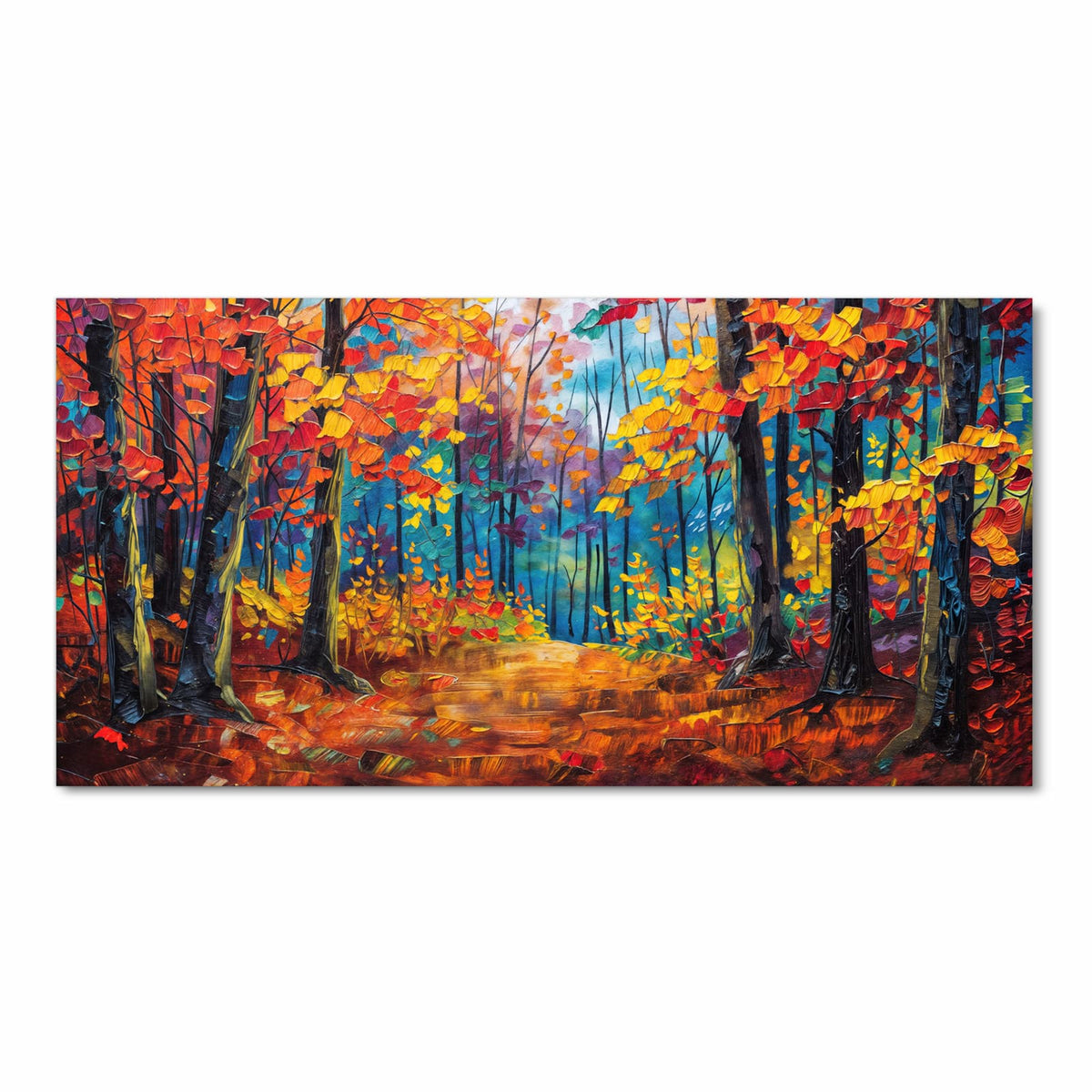 Feuchtigkeitsresistenter Küchenteppich mit Motiv Herbstwald Pfad in Frontansicht